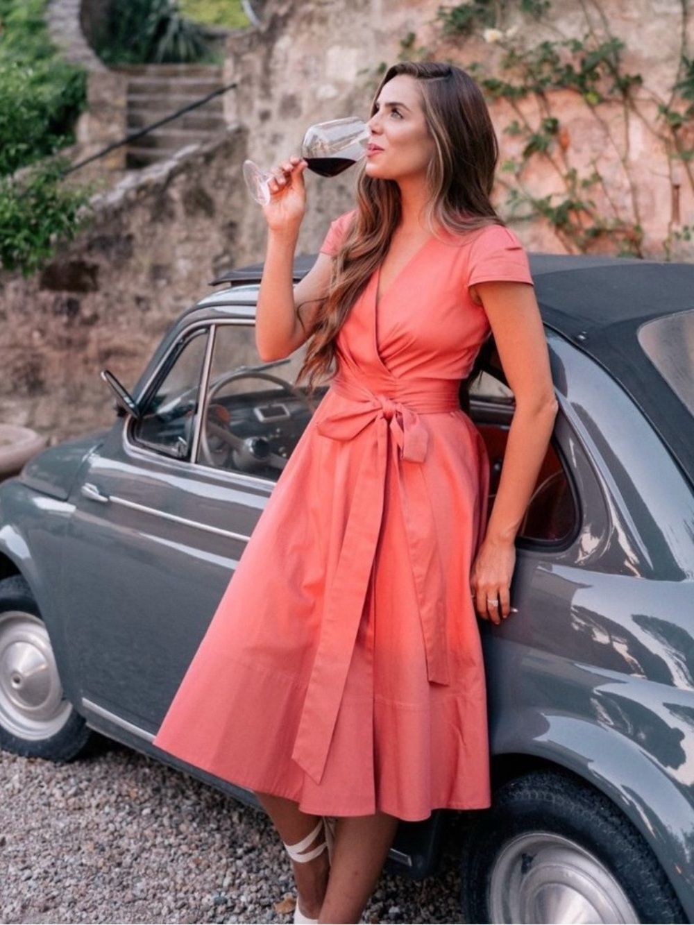 GAL MEETS GLAM COLLECTION Maxandra Coral Wrap Fit & Flare Dress with Waist Tie
